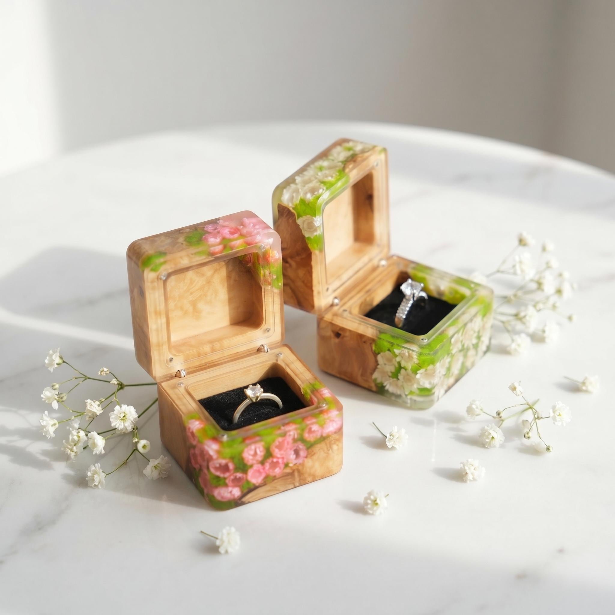 パーソナライズされた結婚指輪ボックス、木製樹脂製ダブルリング