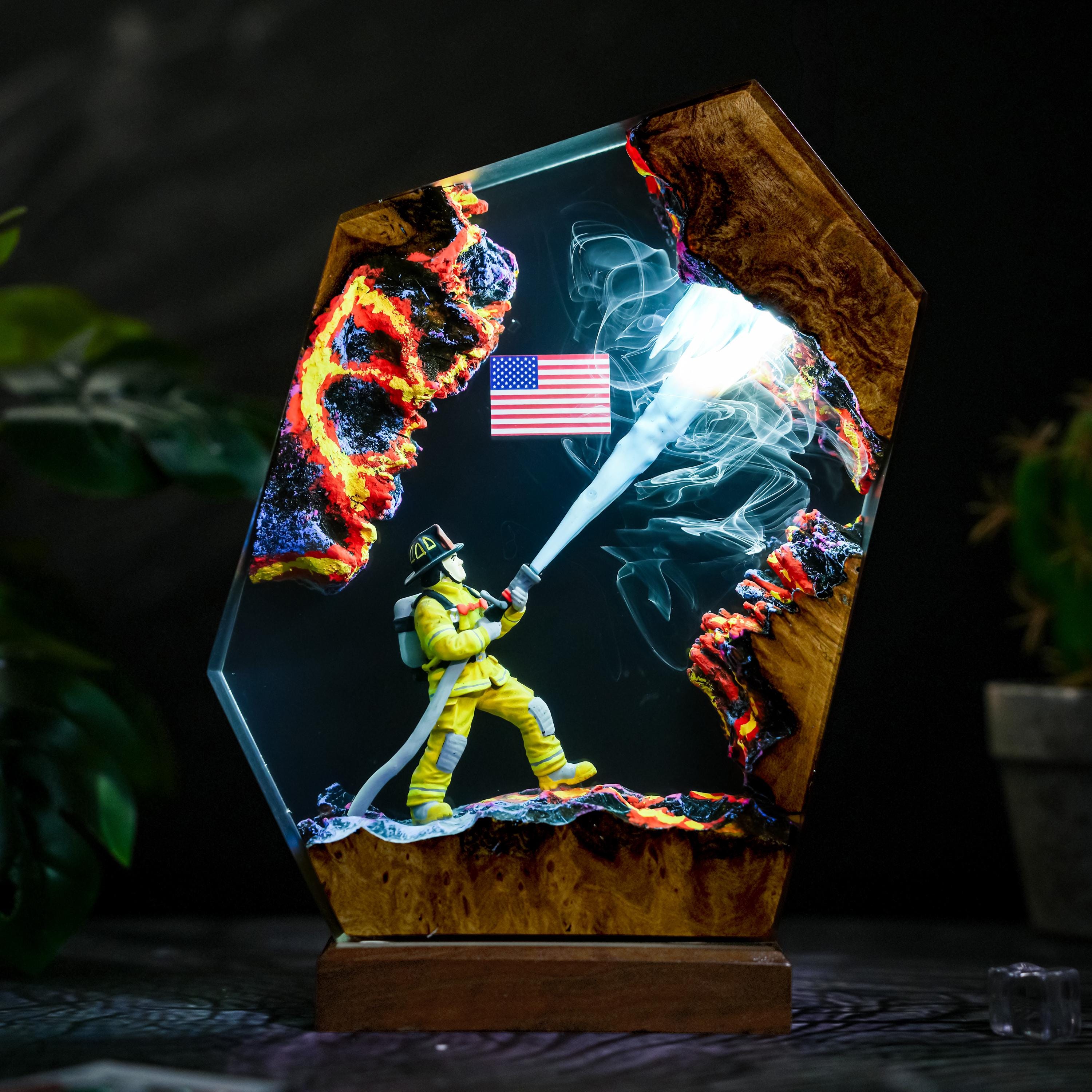 Hero Firefighter Epoxy Lamp, Fire Department Resin Night Light