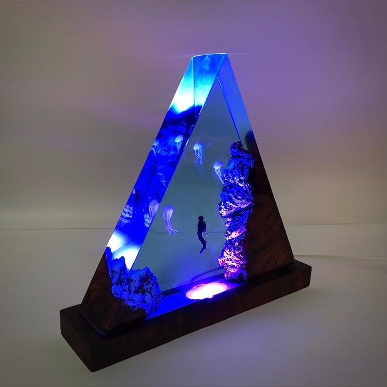 Jellyfish and Diver Night Light Epoxy and Wooden Night Etsy