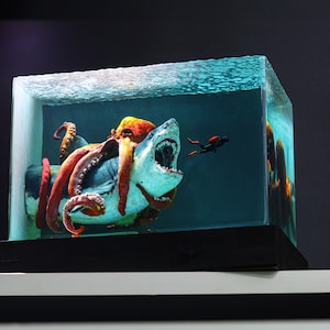 Shark vs Kraken Fight Diorama Megalodon Hunting Ocean Theme Epoxy Lamp Desk Lamp Epoxy Resin Handmade Furniture And Decor Room decor Gifts