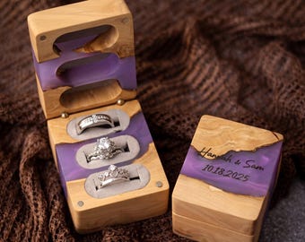 Unique Triple Ring Box Wooden Resin Ring Holder for 3 Rings, Personalized Engraved Jewelry Box, Wedding Ring Bearer Box, Anniversary Gift
