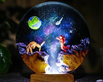 Astronaut Rocky Galaxy Resin Lamp, Space Night Light, Wood Base (USB LED)