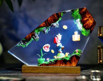 Ma.rio’s Lucky Star Lamp, Ma.rio Party Epoxy Night Light Kingdom Characters, Handmade Epoxy Diorama, Cute Gaming Room Decor, Gift for Gamer