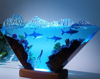 Großer WEISSER HAI und verschiedene Nachtlichter, Manta Rays Epoxy Lampe, Epoxidharz Tischlampe, Benutzerdefinierte Lampe Kreative Personalisierte Raumdekor Geschenke