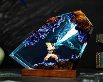 Anime Warrior Resin Lamp, Dragon Night Light, Handmade Wood Epoxy Lamp, Japanese Anime Room Decor, Unique Gift for Gamers Christmas