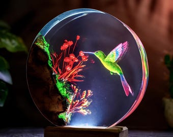Hummingbird Moon Resin Lamp, Round Epoxy Night Light,Bird Lover Gift, Wildflower Nature Desk Decor,Hummingbird Disc Lamp, Cottagecore Home