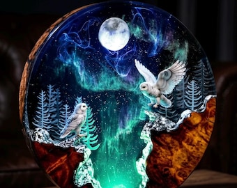 Snowy Owl Resin Lamp, Northern Lights Wood Night Light, Aurora Moon Forest Epoxy Lamp, Handmade Owl Gift, Winter Home Decor