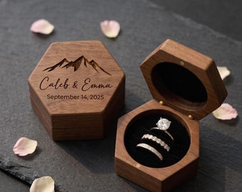 Personalized Wedding Ring Box for 3 Rings, Engraved Walnut Hexagon Bridal Set