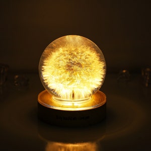 May include: A glass globe with a lit up dandelion inside, sitting on a wooden base with the inscription "To my beautiful wife - I love you".