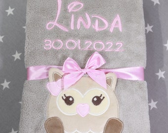 BotoBaby - baby blanket with name and date of birth embroidered - 75 x 100 cm - personalized GIFT baptism - 802030 - GRAY OWL