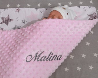 Two-layer baby blanket with name - cotton - gift - birth - baptism - personalized Light pink - Light pink stars * ( 900134 )