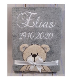 BotoBaby - Baby blanket embroidered with name and date of birth - 75 x 100 cm - personalized GIFT baptism - 802008 - GRAY - TEDDY