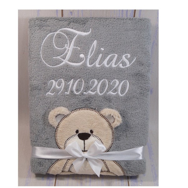 BotoBaby - Babydecke mt Namen und Geburtsdatum bestickt - 75x100 cm - personalisiert GESCHENK Taufe - 802008 - GRAU -TEDDY