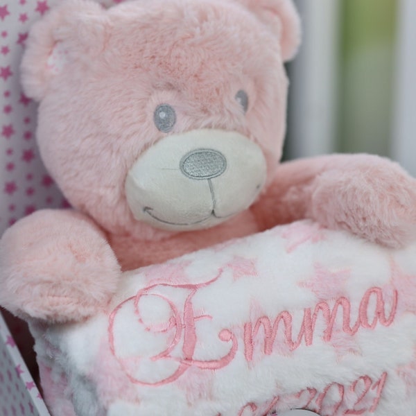 BotoBaby - Gift Set - Baby blanket with name + pink teddy bear - - Gift - Birth - Baptism SUPER SET personalized ( 111016 )