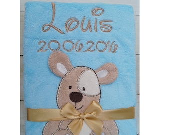 BotoBaby - Babydecke mt Namen und Geburtsdatum bestickt - 75x100 cm - personalisiert GESCHENK Taufe - 802005 - BLAU - HUND