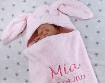 Two-layer baby blanket with name 75 x 100 cm + cuddly cloth with name - ROSA HASE - Gift Birth Baptism ( 302024 )