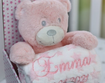 BotoBaby  - Geschenkset - Babydecke mit Namen + Rosa Teddybär  - - Geschenk - Geburt - Taufe SUPER SET personalisiert  ( 111016 )