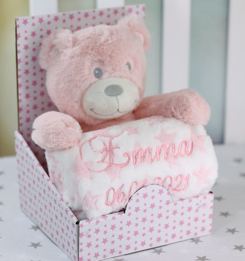 BotoBaby Geschenkset Babydecke mit Namen Rosa Teddybär Geschenk Geburt Taufe SUPER SET personalisiert 111016 Bild 3