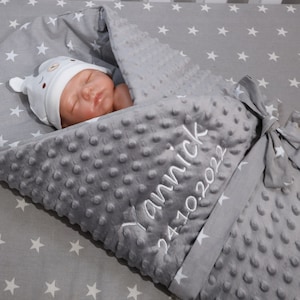 Two-layer wrapping blanket baby blanket with name and date Embroidered - Minky Croissant - cotton filling 75 x 75 cm ( 889114 )