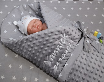 Two-layer wrapping blanket baby blanket with name and date Embroidered - Minky Croissant - cotton filling 75 x 75 cm ( 889114 )