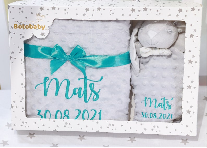Zweilagige Babydecke mit Namen 75x100 cm Schmusetuch mit Namen 368975 Grau Hase personalisiert Geschenk Geburt Taufe Bild 4