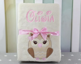 BotoBaby - Baby blanket with name and date of birth embroidered - 75 x 100 cm - personalized GIFT Baptism - 802031 - BEIGE OWL