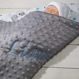 Two-layer baby blanket with name - cotton - 75 x 100 cm - BLANKET - gift - birth - baptism - personalized GRAY - TEDDY BEAR - ( 900107 )