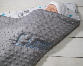 Two-layer baby blanket with name - cotton - 75 x 100 cm - BLANKET - gift - birth - baptism - personalized GRAY - TEDDY BEAR - ( 900107 )