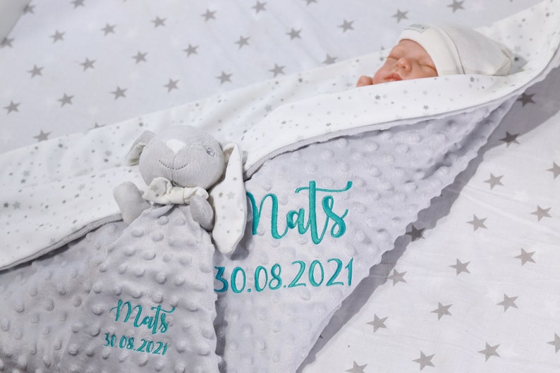 Zweilagige Babydecke mit Namen 75x100 cm Schmusetuch mit Namen 368975 Grau Hase personalisiert Geschenk Geburt Taufe Bild 3