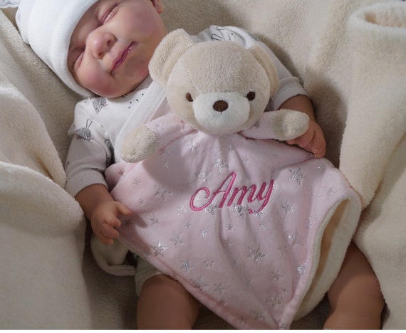 Baby Schmusetuch Bär mit Namen bestickt Schnuffeltuch Kuscheltuch Taufe Geburt 