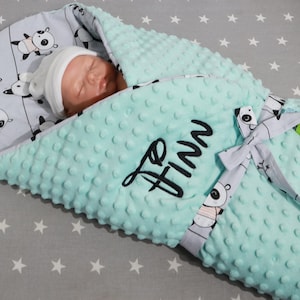 Two-layer blanket baby blanket with name and date Embroidered - Minky Croissant - cotton filling 75 x 75 cm - Minze-Panda ( 889119 )