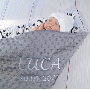 Two-layer baby blanket with name - cotton - 75 x 100 cm - BLANKET - gift - birth - baptism - personalized gray - pandas - ( 900142 )