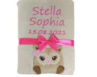 BotoBaby - Baby blanket with name and date of birth embroidered - 75 x 100 cm - personalized GIFT Baptism - 802031 - Beige - Owl