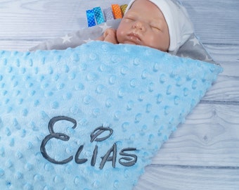 Two-layer baby blanket with name - cotton - 75 x 100 cm - BLANKET - gift - birth - baptism - personalized light blue - stars ( 900119 )