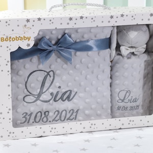 Two-layer baby blanket with name 75 x 100 cm + comforter with name (368975) - gray bunny - personalized - gift - birth - baptism
