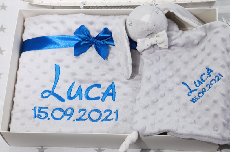 Zweilagige Babydecke mit Namen 75x100 cm Schmusetuch mit Namen 368975 Grau Hase personalisiert Geschenk Geburt Taufe Bild 6