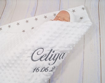 Zweilagige Babydecke mit Namen - Baumwolle - 75 x 100 cm - DECKE - Geschenk - Geburt - Taufe - personalisiert  Weiß - Sternen - ( 900143 )