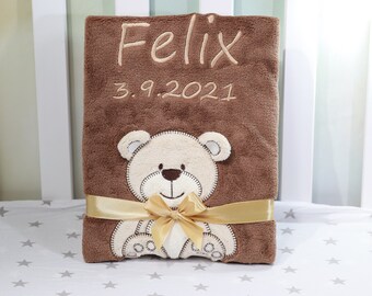 BotoBaby - Baby blanket with name and date of birth embroidered - 75 x 100 cm - personalized GIFT Baptism - 802032 - Brown - Teddy bear