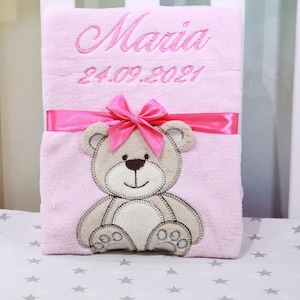 BotoBaby - Baby blanket with name and date of birth embroidered - 75 x 100 cm - personalized GIFT Baptism - 802019 - Pink - Teddy bear