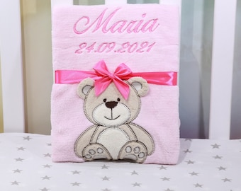 BotoBaby - Baby blanket with name and date of birth embroidered - 75 x 100 cm - personalized GIFT Baptism - 802019 - Pink - Teddy bear