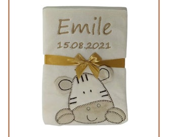 BotoBaby - Baby blanket with name and date of birth embroidered - 75 x 100 cm - personalized GIFT Baptism - 802033 - Beige -Zebra
