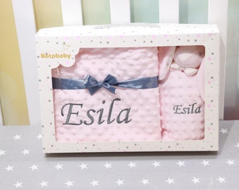 Zweilagige Babydecke mit Namen 75x100 cm + Schmusetuch mit Namen - Rosa Hase - personalisiert - Geschenk - Geburt - Taufe  ( 368976 )