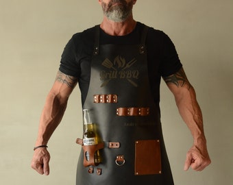 Personalized Leather Apron with Beer pocket ( BBQ, Blacksmith, Grill, Kitchen, Woodwork, Chef, Butcher, Welder, Handcraft, Tattoo Artist )