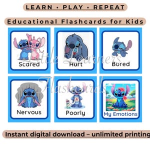 Puede incluir: Un conjunto de seis tarjetas educativas con el personaje Stitch en varios estados emocionales. Las tarjetas están etiquetadas como Scared, Hurt, Bored, Nervous, Poorly y My Emotions. El texto superior dice LEARN PLAY REPEAT y Educational Flashcards for Kids.
