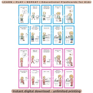 May include: A set of educational flashcards for kids titled LEARN PLAY REPEAT, featuring illustrated steps for toilet training. The cards show children in blue or pink borders performing tasks like walking to the bathroom, using the toilet, and washing hands.