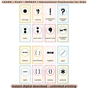 May include: A set of educational flashcards for kids featuring punctuation marks. Each card displays a black symbol inside a coloured circle with the corresponding name below. The top text reads LEARN PLAY REPEAT Educational Flashcards for Kids and the bottom text reads Instant digital download unlimited printing.