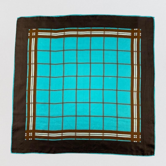 Vintage 100% Silk Scarf, Turquoise Blue and Brown Plaid Grid Print, Retro Geometric Square Neck Scarf, Classic 23" Bandana, Hair Accessory