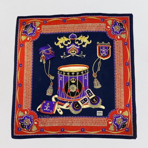 Vintage Pierre Cardin Paris Musées Silk Scarf Large Square Military Drum Epaulette Print Red Navy Blue Gold Heraldic Designer Silk Wrap