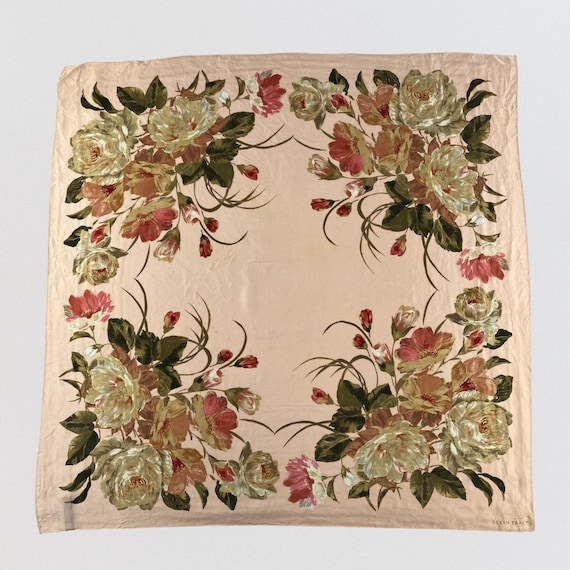Vintage Ellen Tracy Floral Silk Scarf, Pink Peach Cream Large Peony Rose Botanical Print, Square Satin Neck Scarf, Elegant Retro Accessory