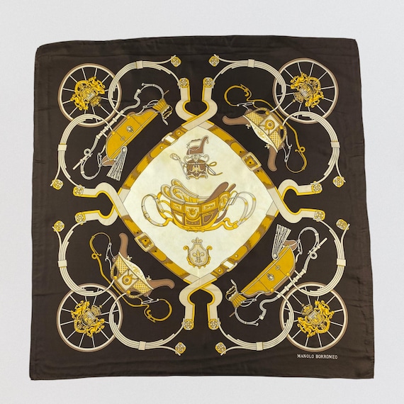 Vintage Manolo Borromeo Silk Scarf Brown Equestrian Horse Carriage Sleigh Design 31x31 Square Head Neck Wrap Preppy Accessory Old Money